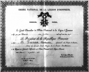 Brevetul ordinului Legiunii de Onoare acordat lui Constantin Prezan în 1917